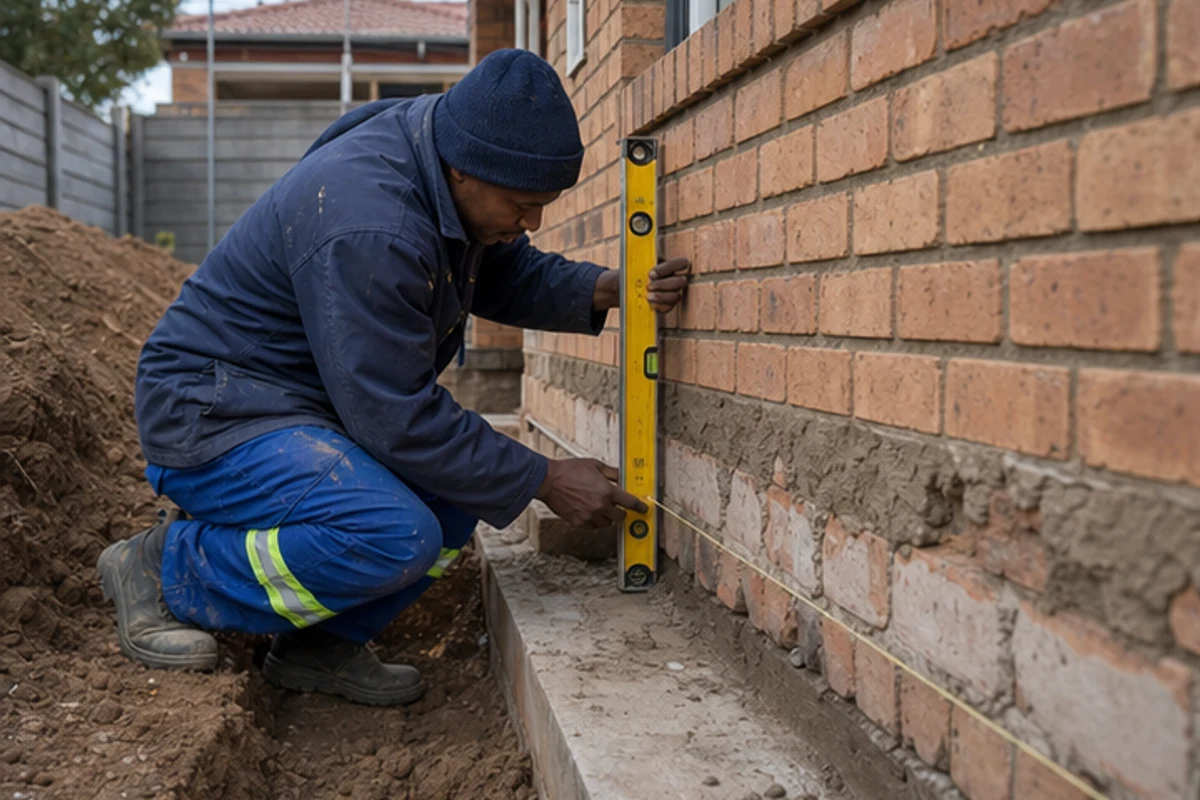 Worker checking the level of new brickwork tied into an existing house