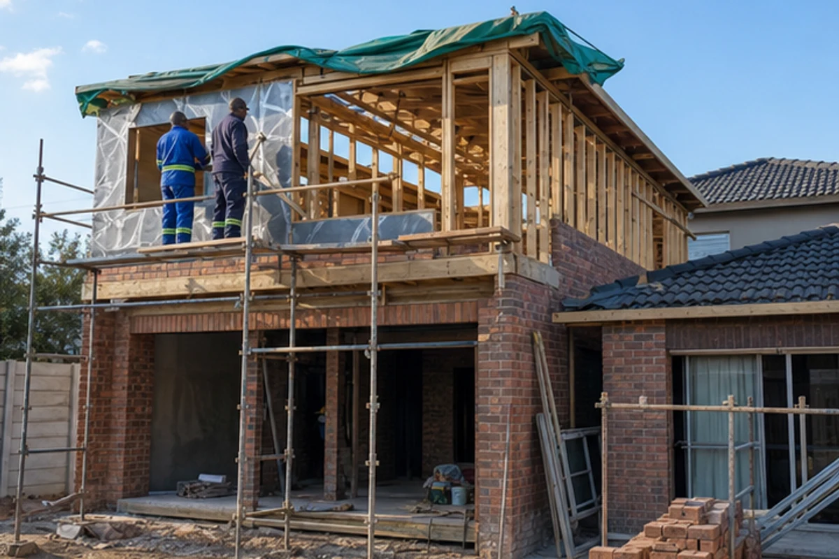Second-storey timber framing protected with sheeting above a brick house extension