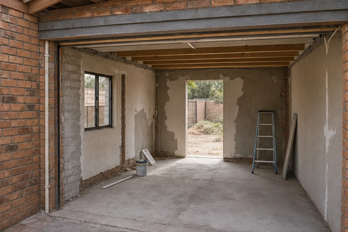 Garage conversion shell with brick infill and framed opening
