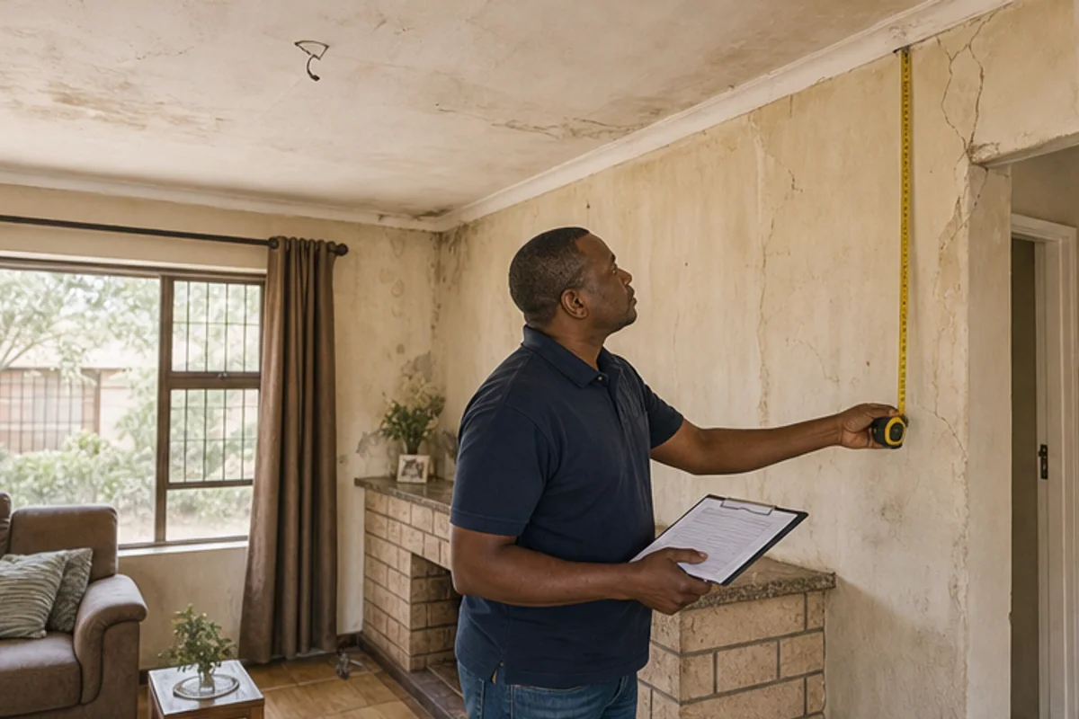 Contractor inspecting an older lounge wall and ceiling before renovation