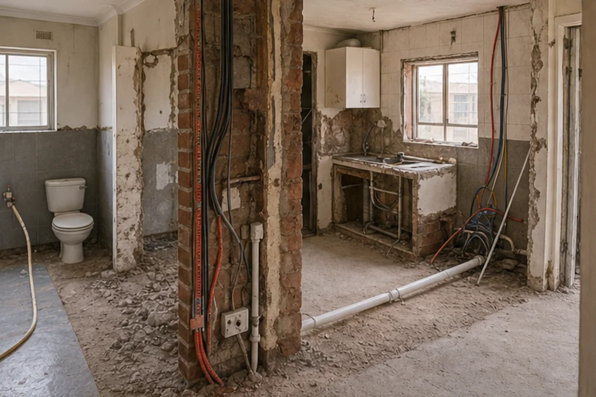 Bathroom and kitchen wet work area opened up with plumbing and conduits visible