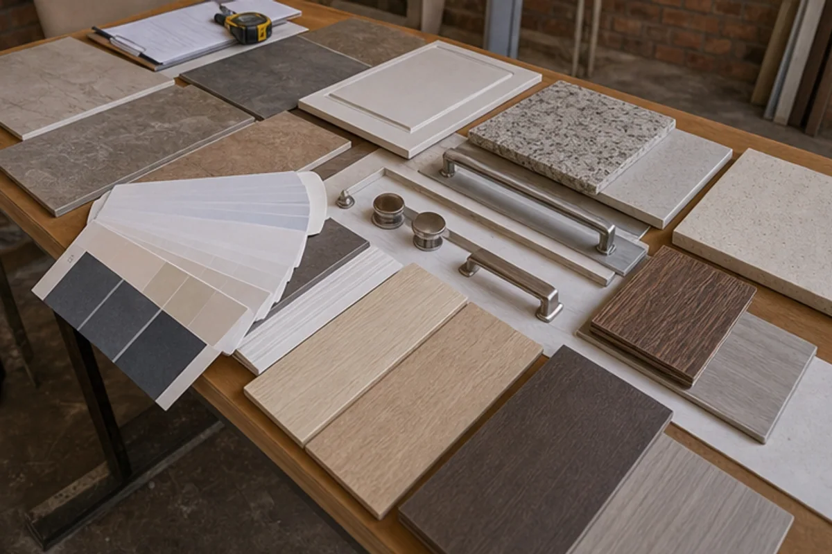 Floor, paint and cupboard handle samples arranged on a renovation table