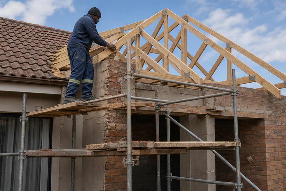 New timber trusses tying into an existing tiled roof on a house extension