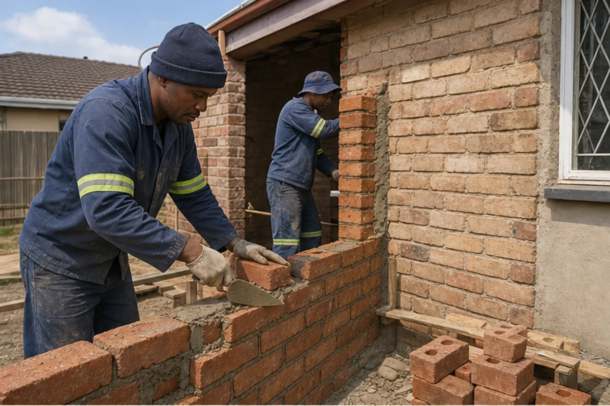 Bricklayers building an extension wall against an existing house