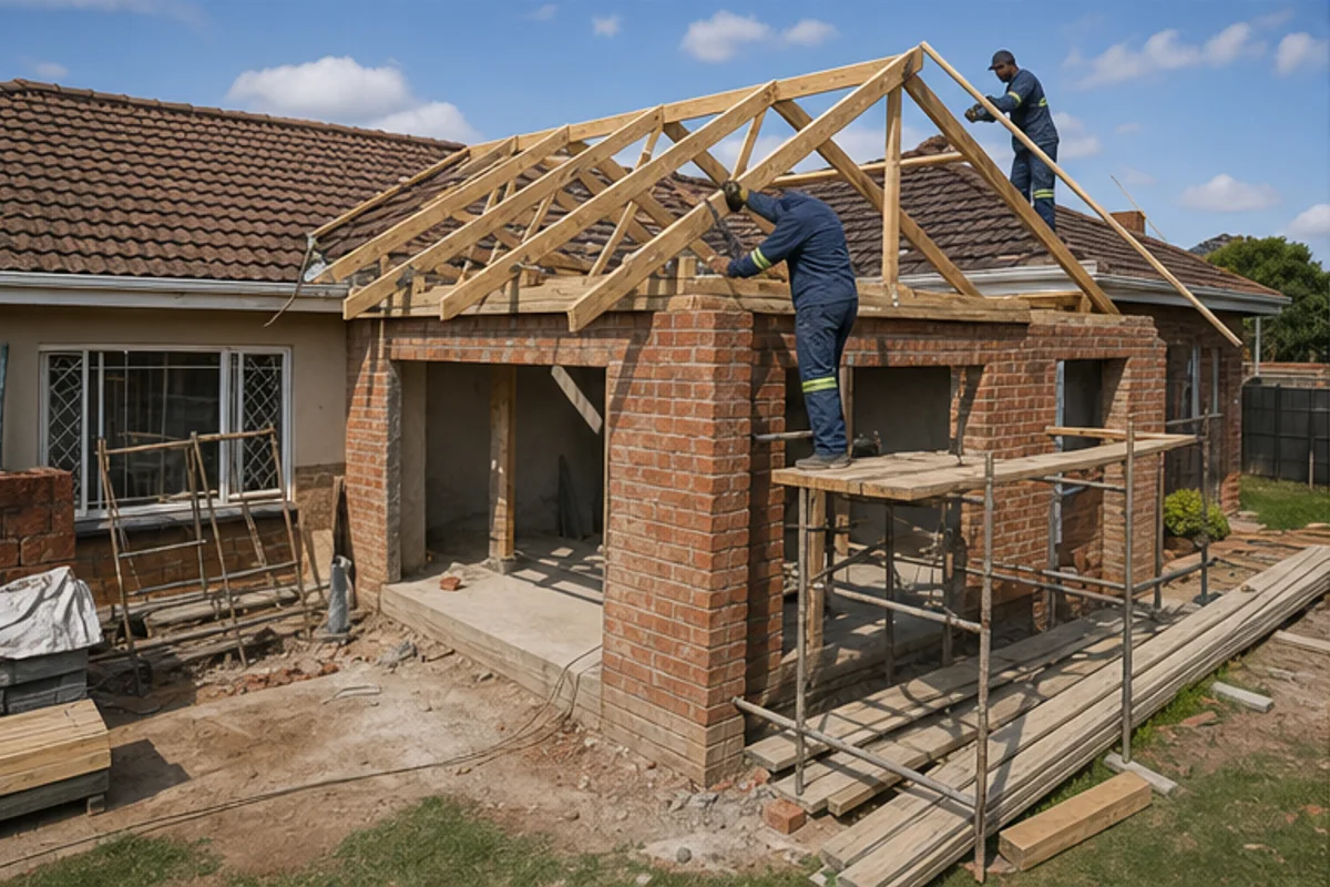 Roof trusses being installed above a residential home extension