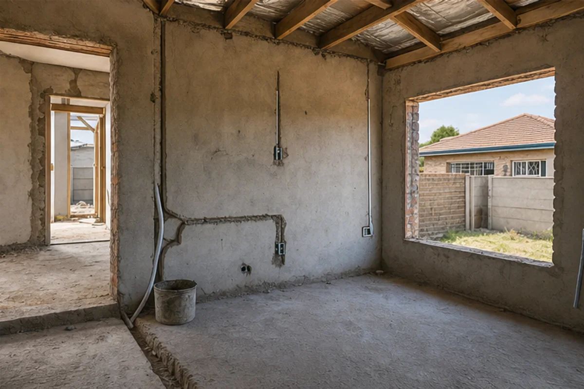 Unfinished extension room with service chases and open window openings