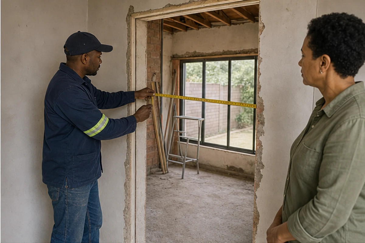Builder measuring a doorway opening during a home alteration site assessment