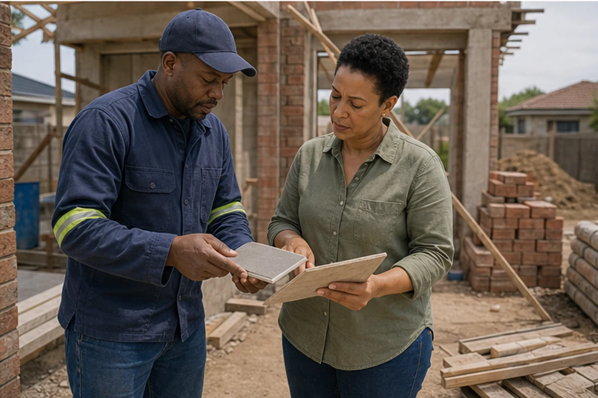 Contractor and homeowner checking materials and access at a home extension site
