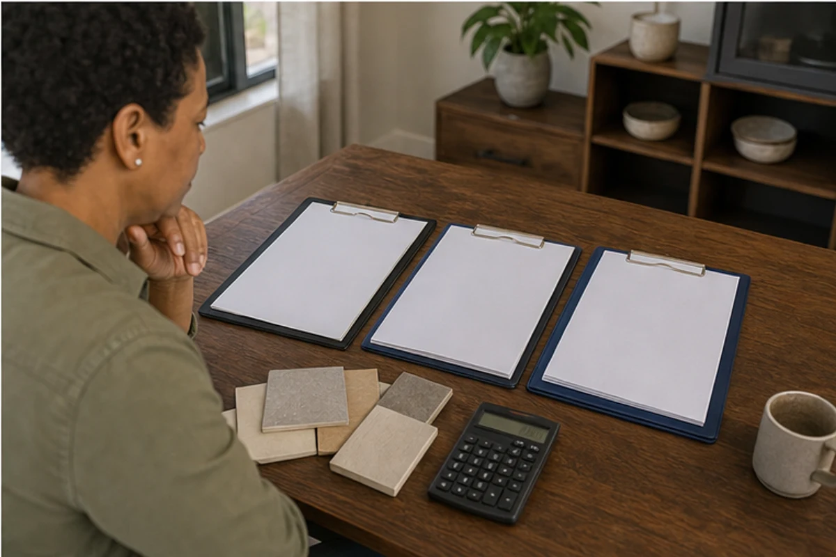 Homeowner comparing three blank quote packets with calculator and finish samples