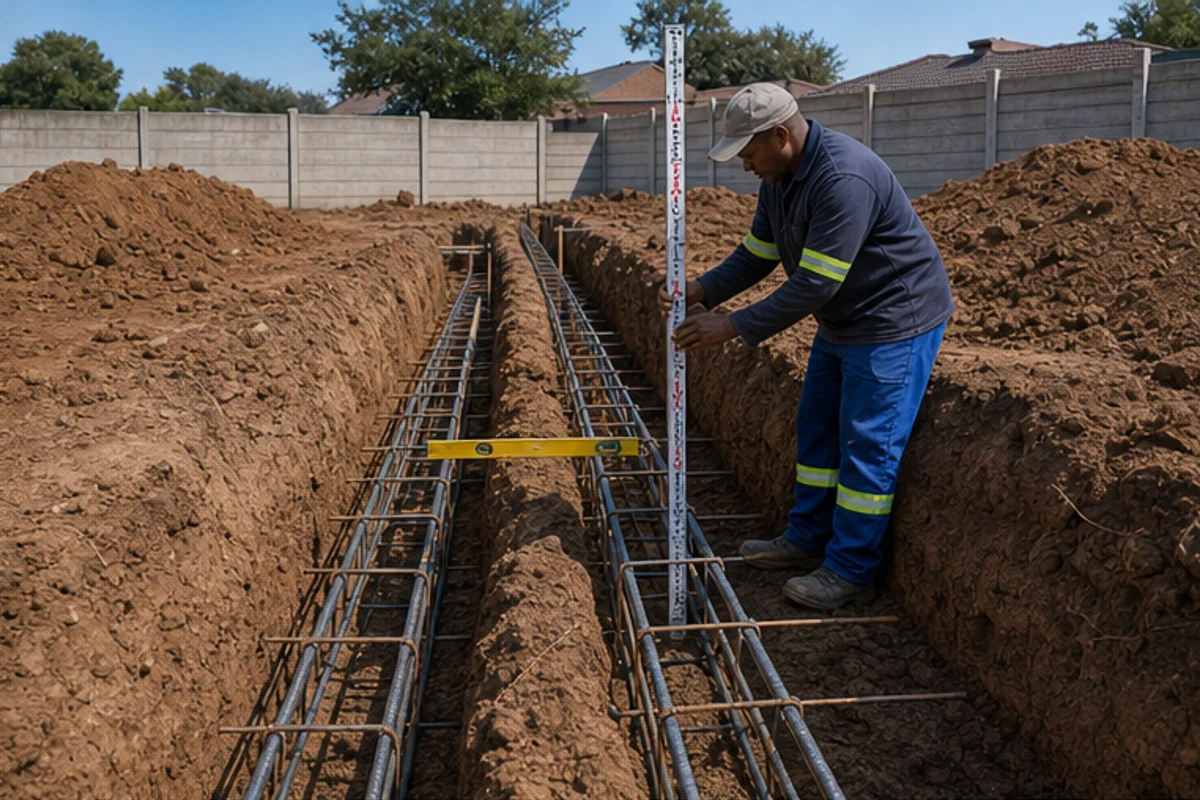 Foundation reinforcement checked in a trench before concrete pour