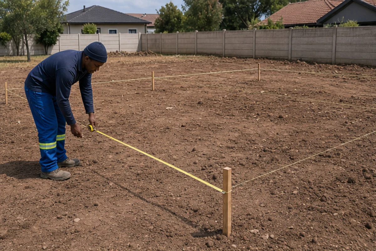 Worker measuring a pegged house footprint on a prepared stand