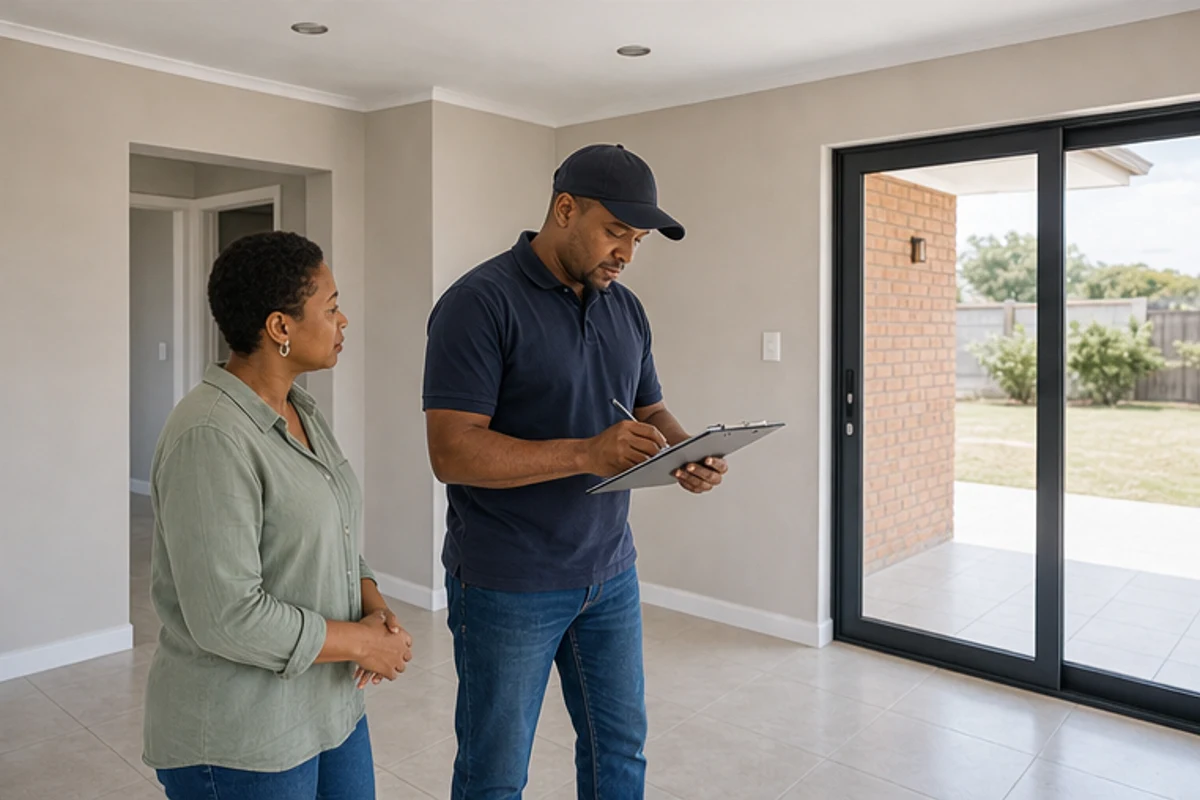 Builder and homeowner reviewing a new home during handover checks