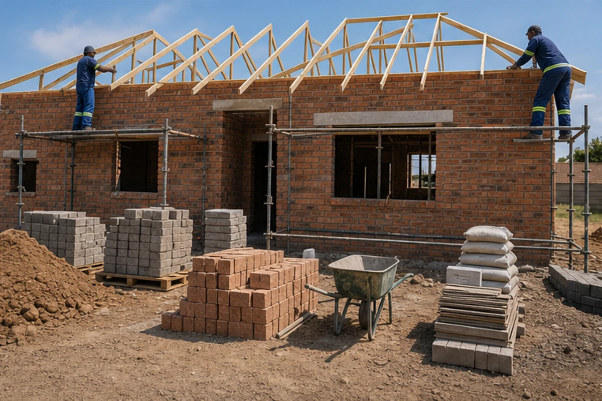 Roof trusses installed above a new brick house shell