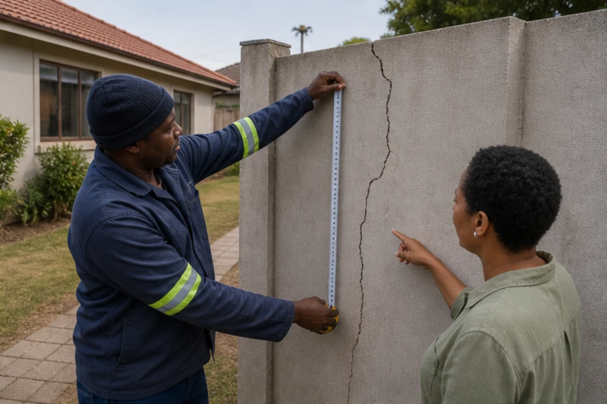 Homeowner showing a cracked boundary wall to a contractor during a site visit