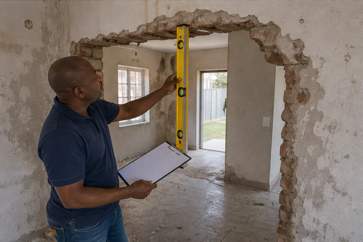 Contractor assessing an interior wall opening with a spirit level and clipboard