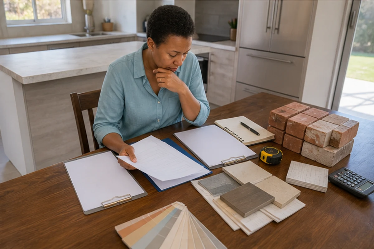 Homeowner comparing blank quote sheets beside brick, tile and paint samples