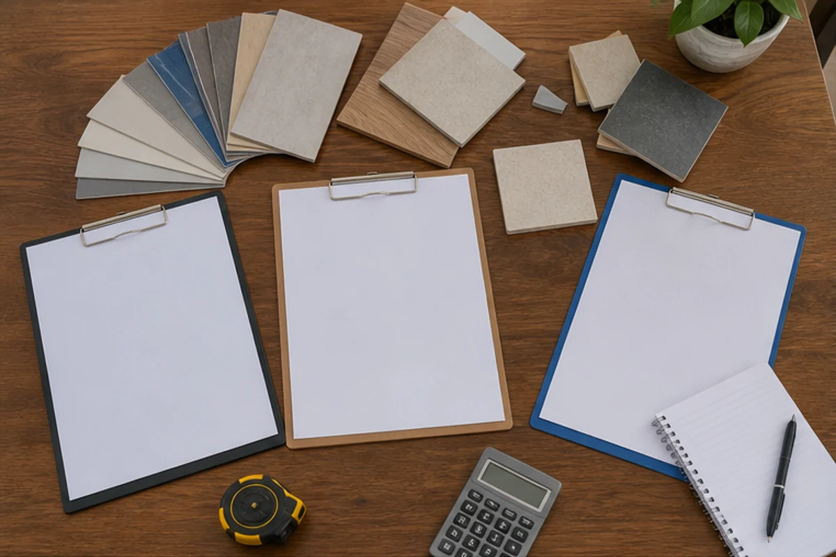 Three blank quote folders arranged with building samples and a tape measure