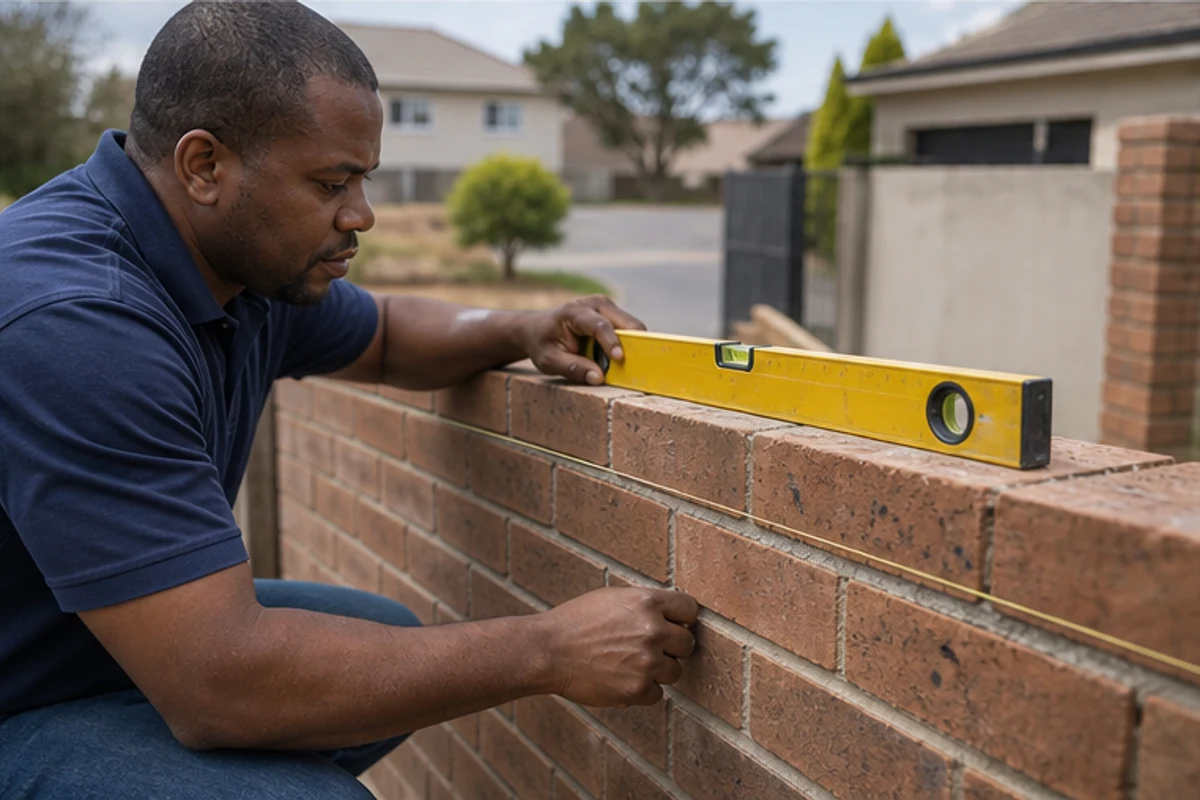 Builder checking a brick boundary wall with a spirit level and string line