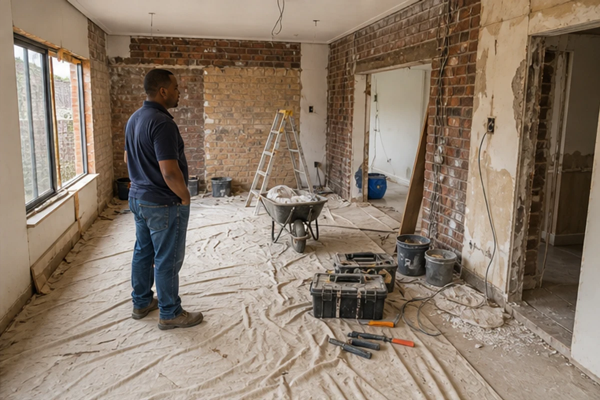 Contractor inspecting an organized renovation site with tools and exposed brickwork