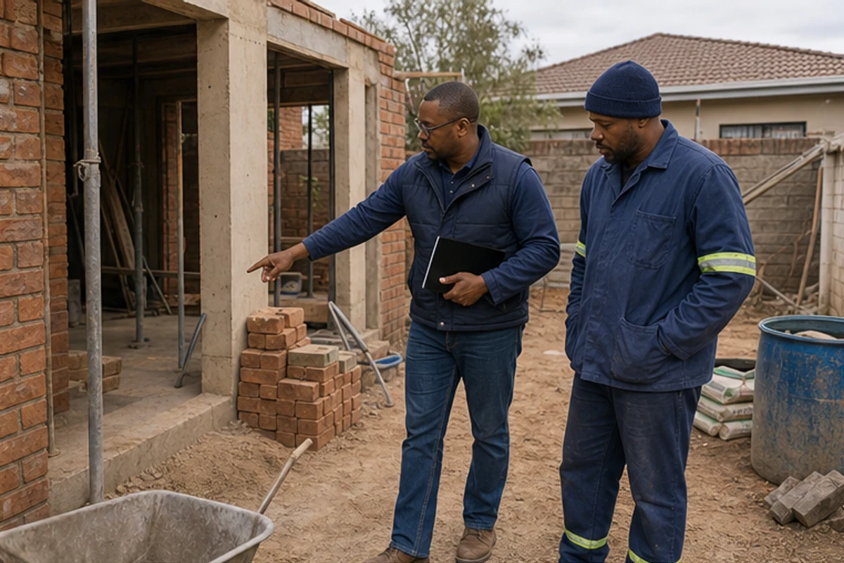 Assessor and contractor checking housekeeping on an active home extension site