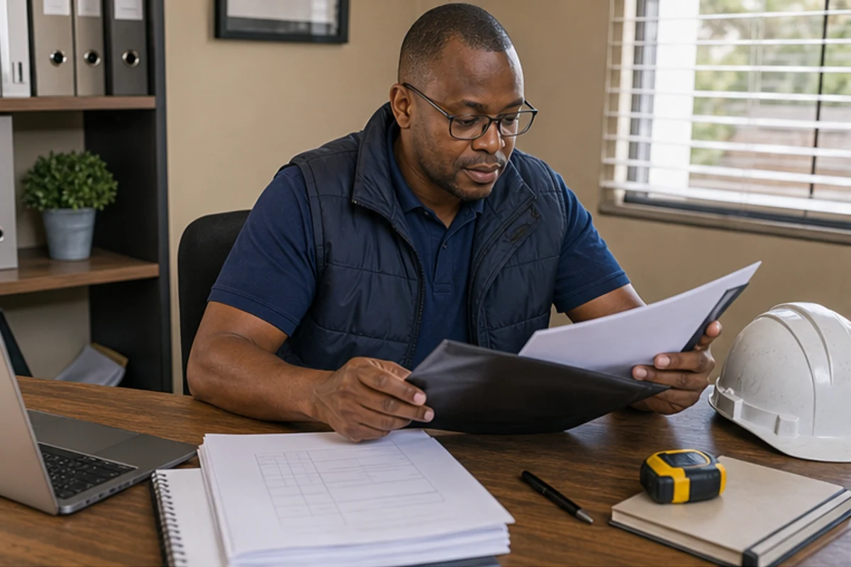 Assessor checking blank contractor documents on a desk with a hard hat nearby