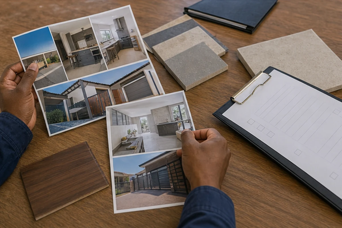 Reference photos finish samples and a blank verification checklist on a table