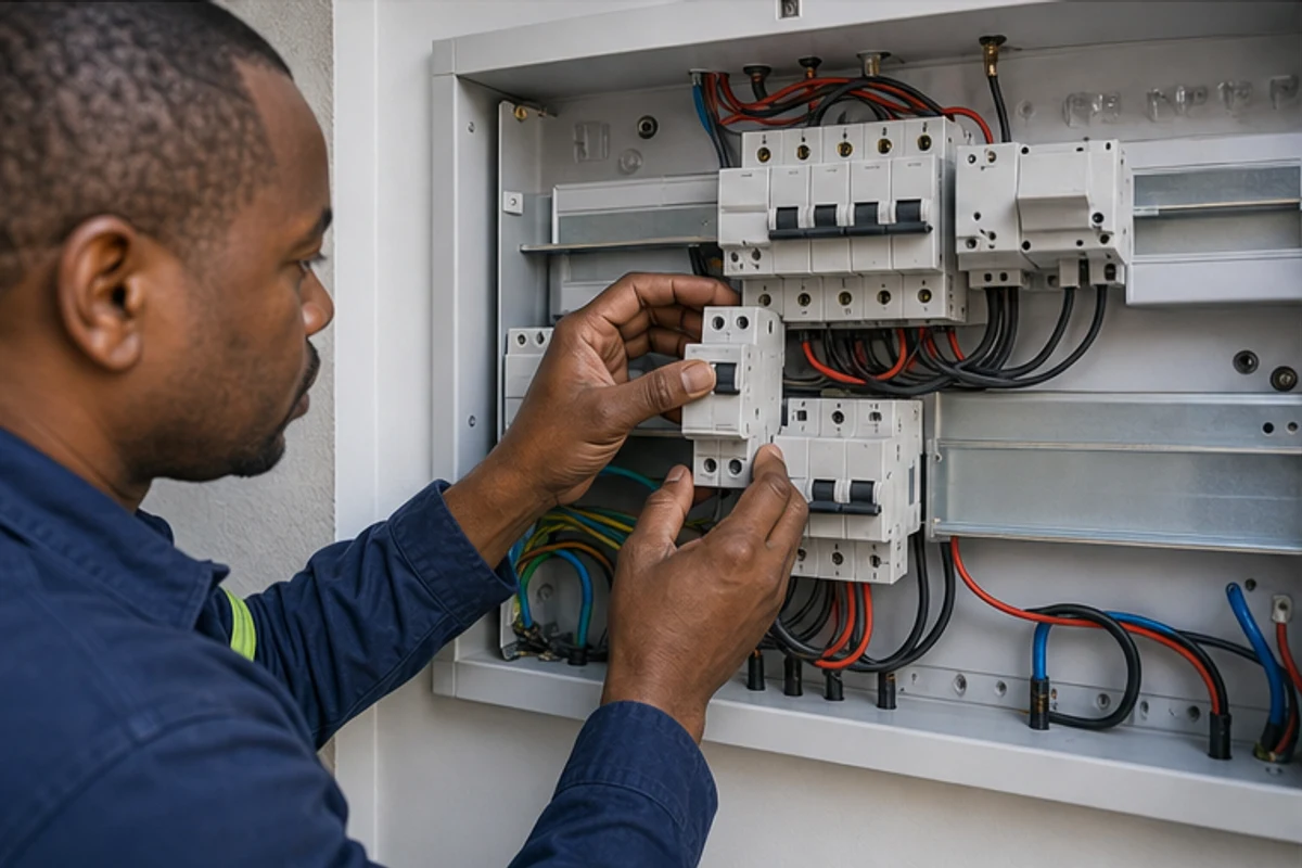 Electrician preparing distribution board space for a future changeover switch