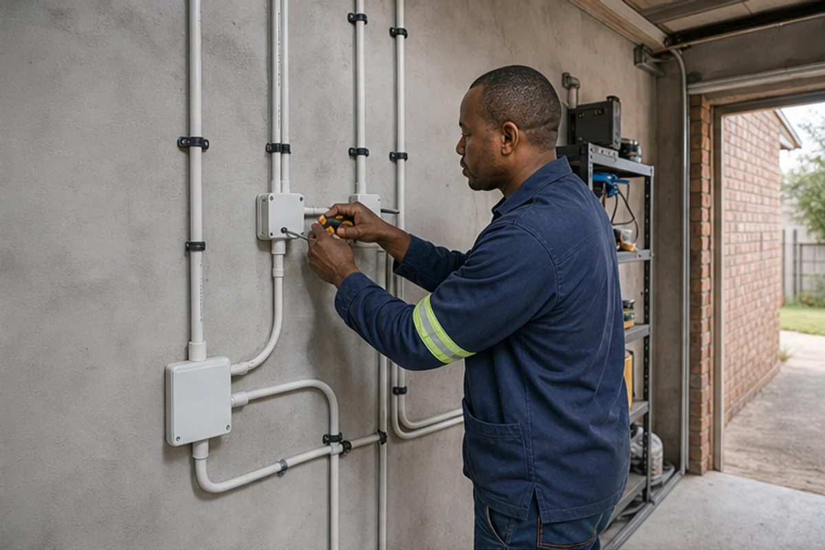 Electrician preparing neat conduit routes in a garage wall for future inverter wiring