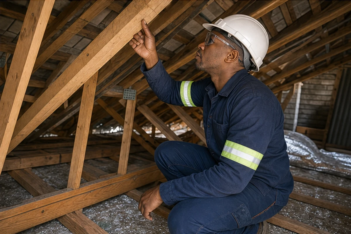 Builder checking roof trusses before future solar panel mounting