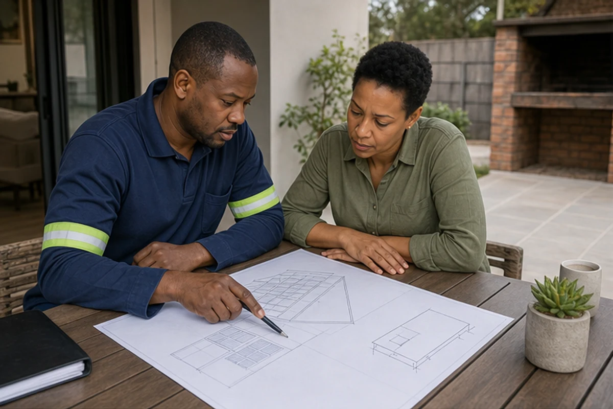 Electrician and homeowner reviewing a blank solar-ready wiring plan on a patio table