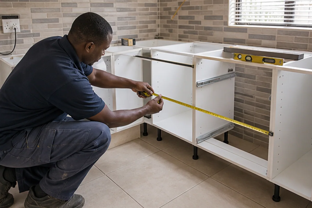 Cabinet installer measuring carcass alignment and an appliance opening