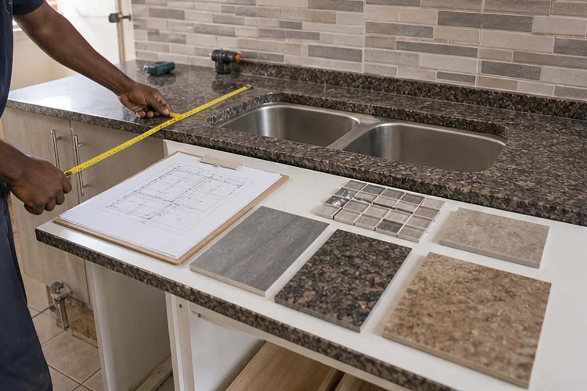 Countertop template check with sink cutout and splashback tile samples