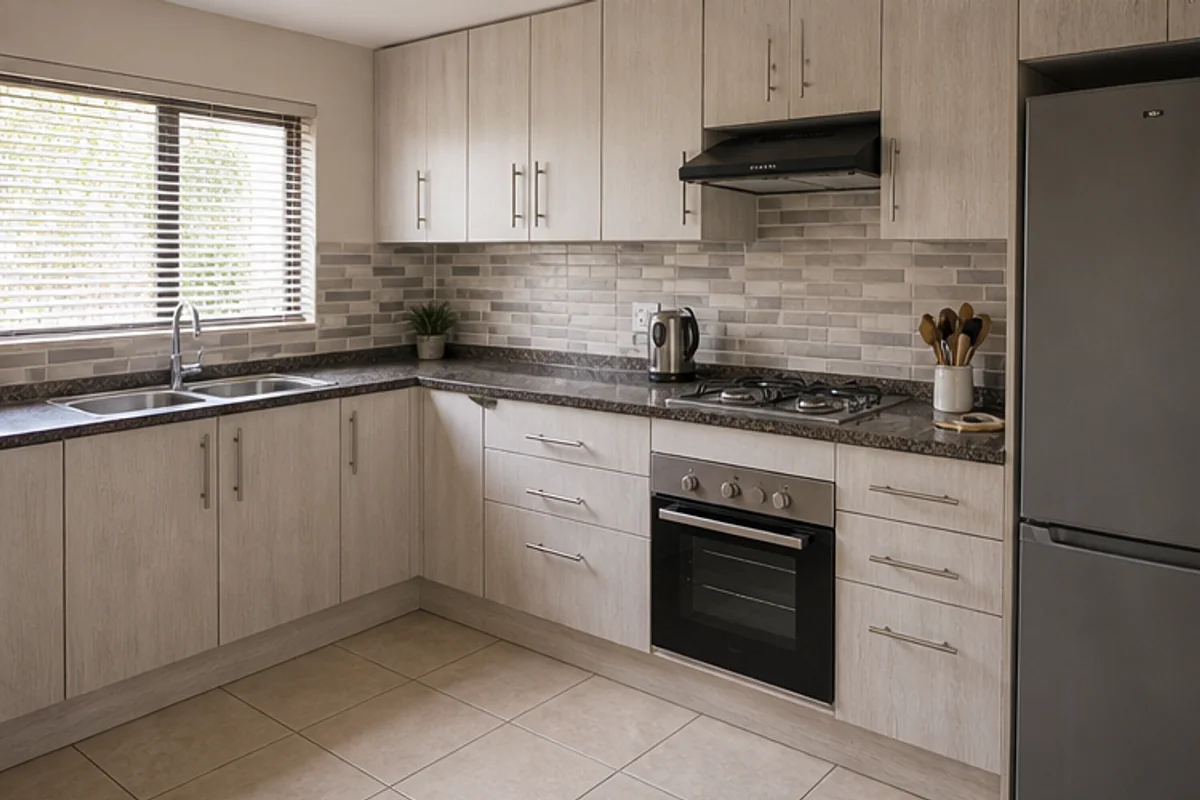 Finished practical kitchen with mid range cupboards and stone look tops