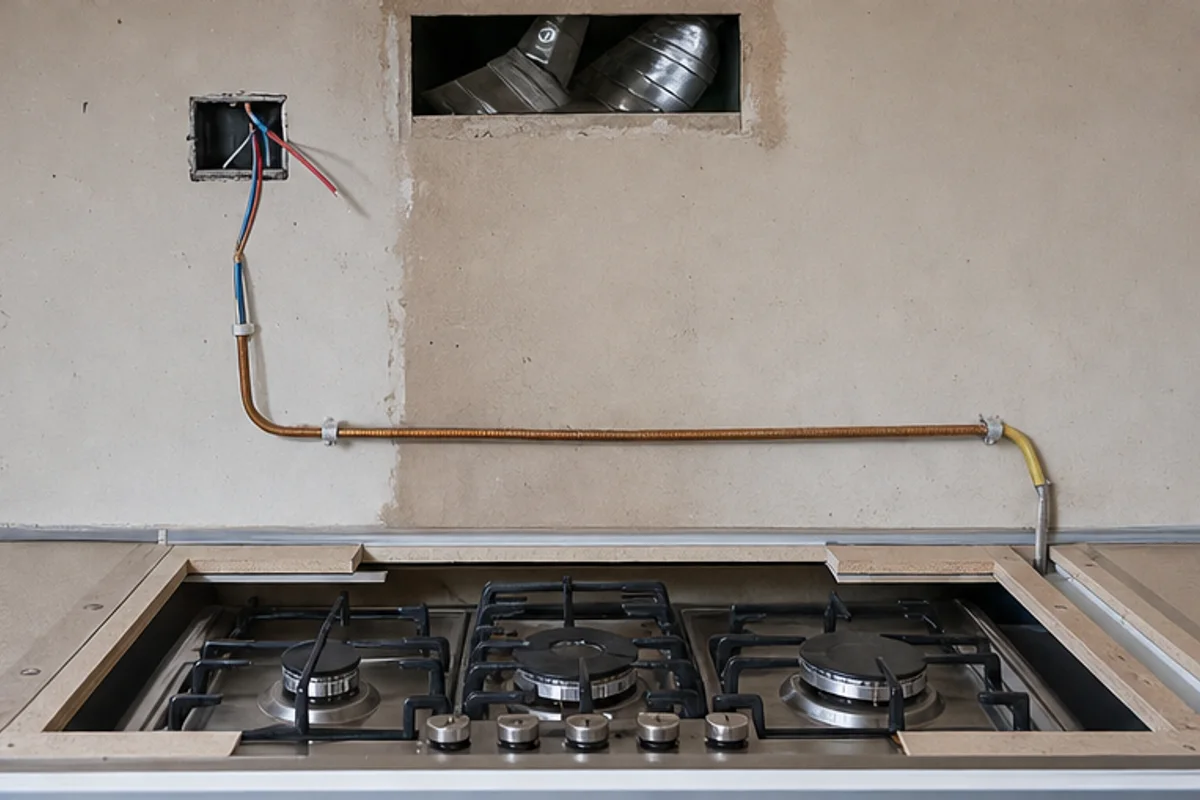 Gas hob and copper service line prepared against a kitchen wall