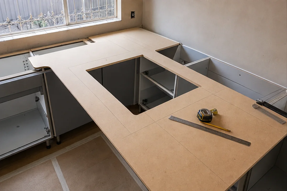 Kitchen countertop substrate measured before surface installation