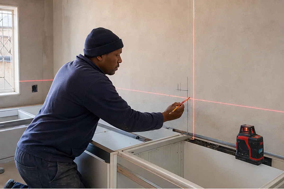 Installer marking a kitchen cabinet line with a laser level