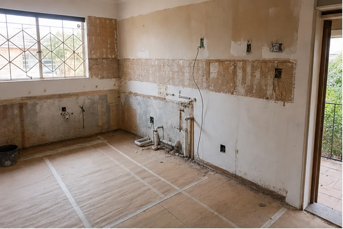 Stripped kitchen walls and service points before new cabinets are installed