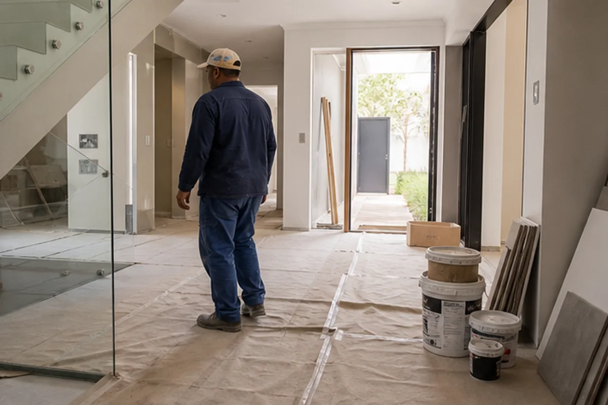 Protected floors and staged materials inside an estate style renovation