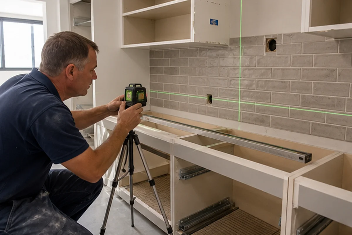 Laser level checking cabinet alignment in a premium kitchen renovation