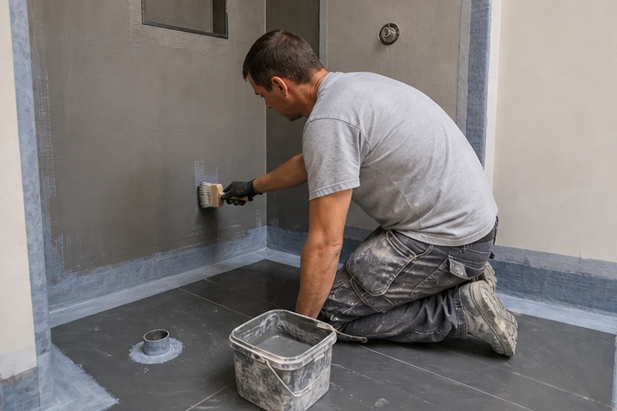 Waterproofing membrane applied neatly in a shower before tiling