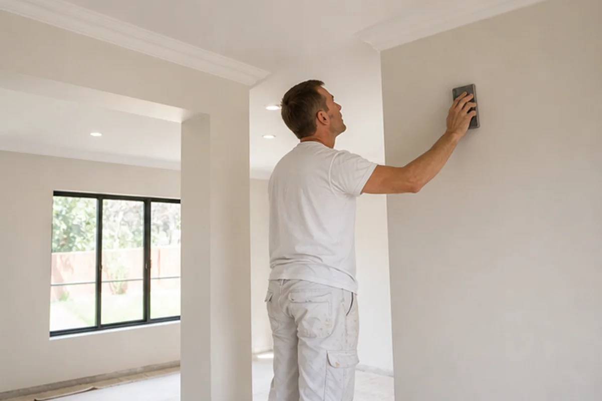 Finisher checking smooth plaster and trim detail in a bright room