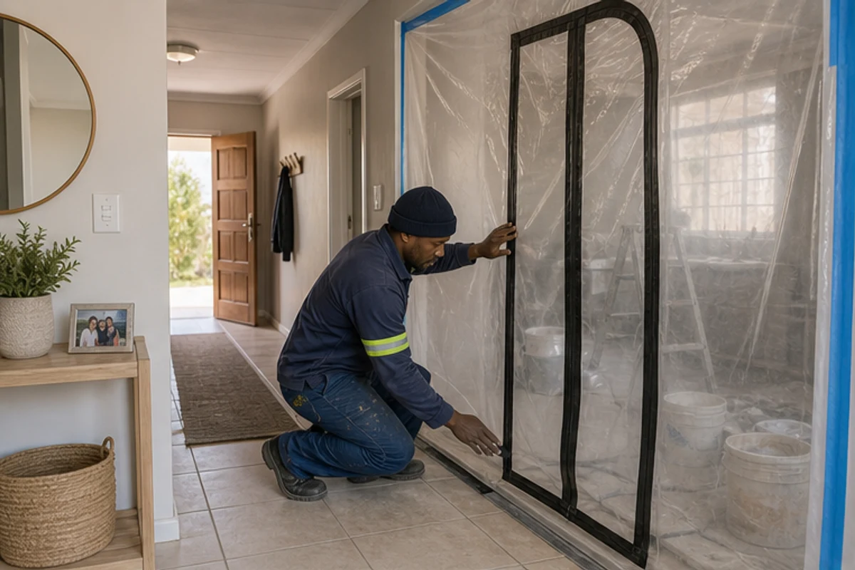 Clear dust screen with a zip doorway separating a renovation area