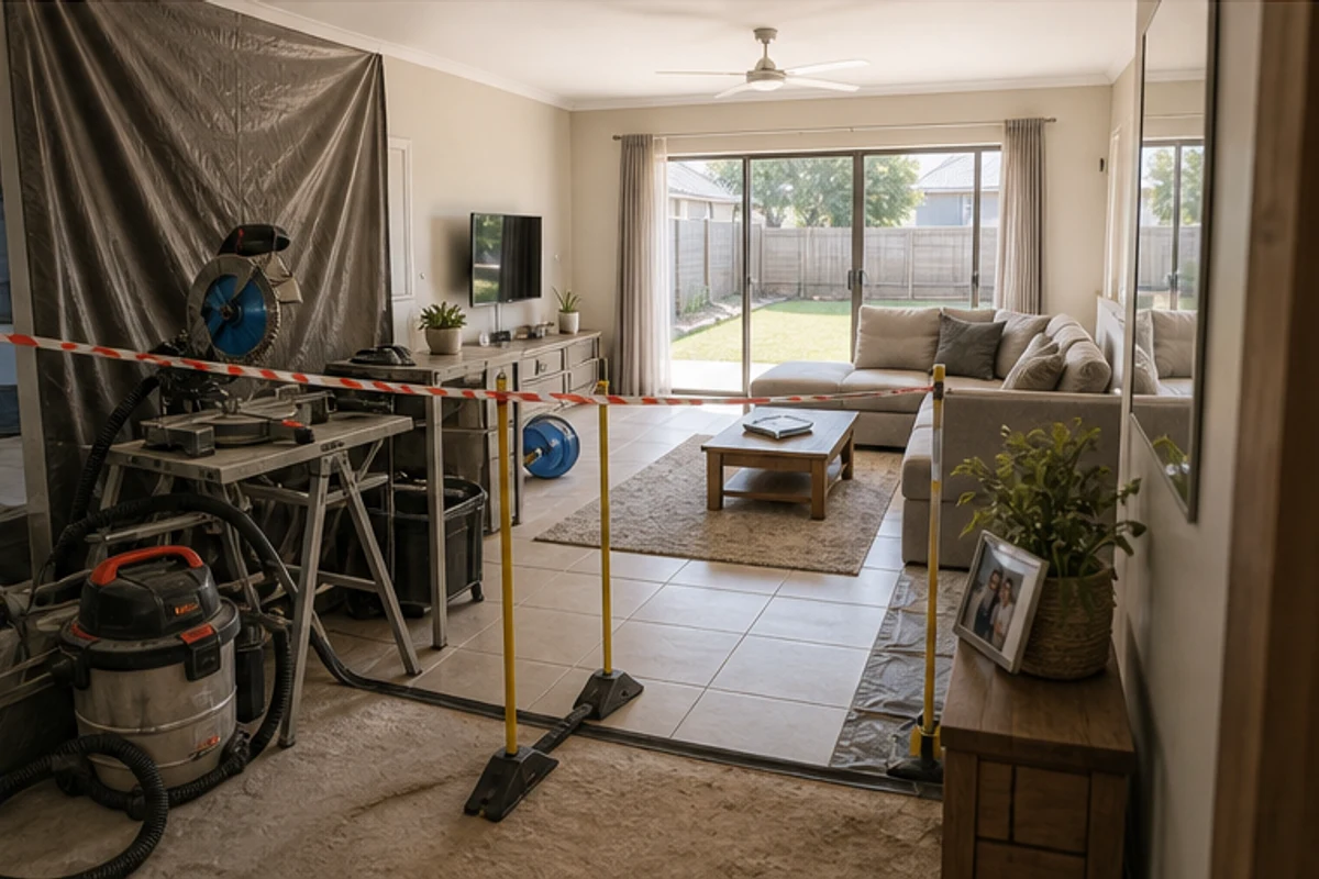 Clean living area protected by a safety barrier during renovation work