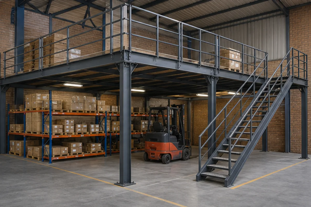 Completed mezzanine storage deck with pallet racking below