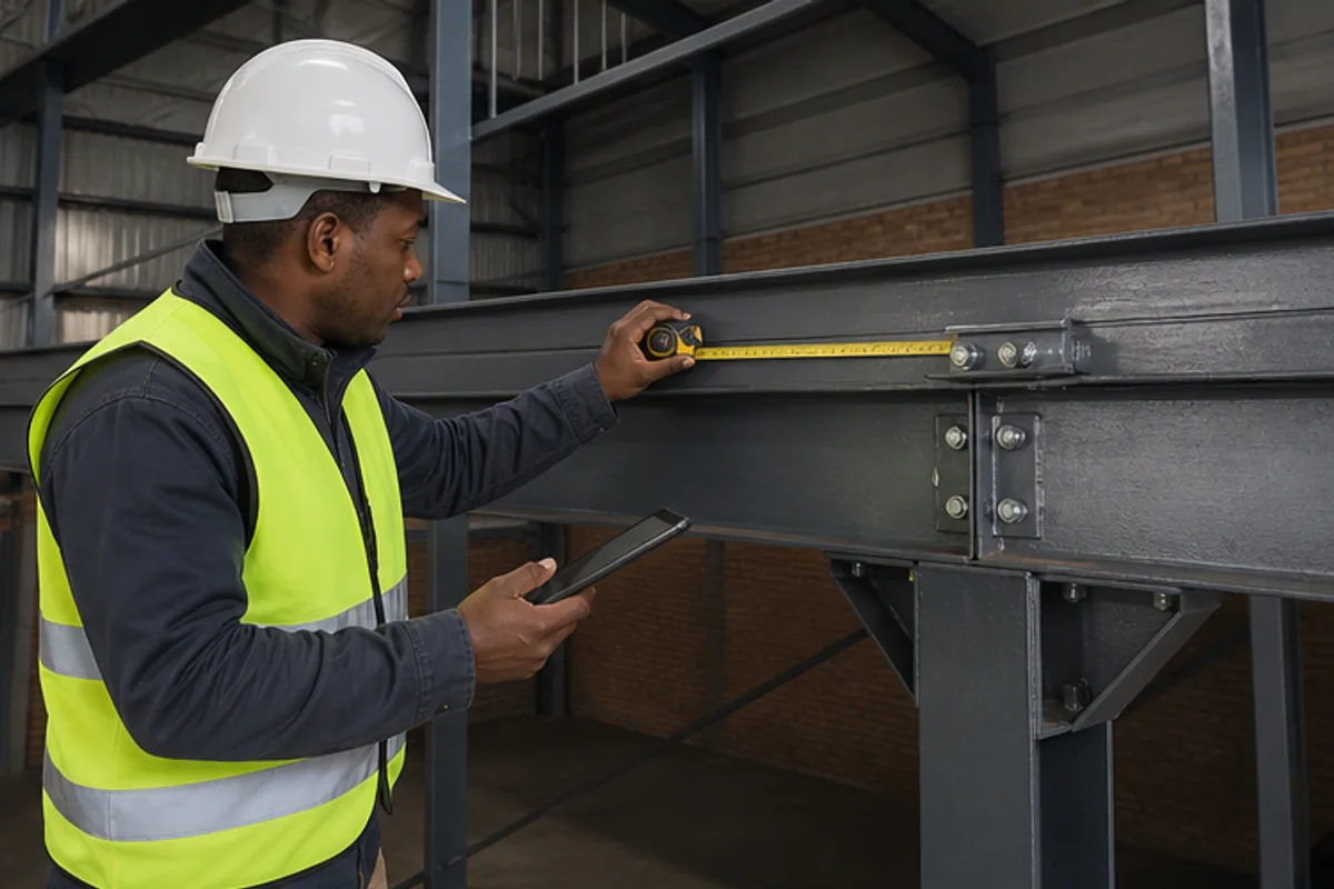 Engineer checking a mezzanine steel frame with a tape measure and tablet