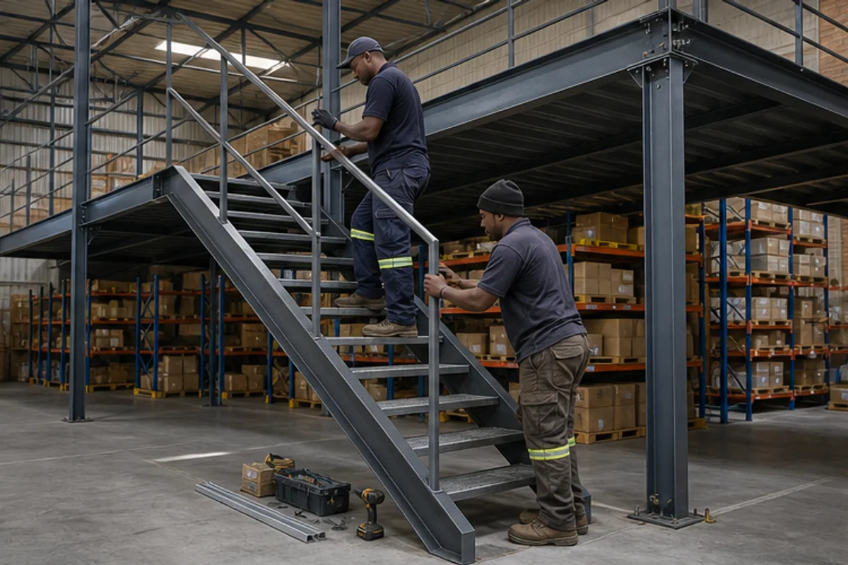 Installers fitting stair and handrail sections to a storage mezzanine