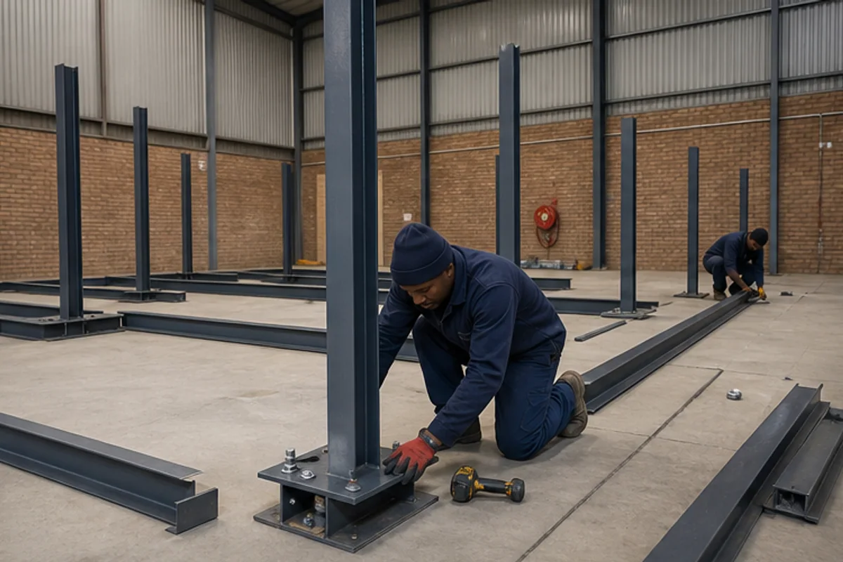 Steel mezzanine columns and beams being aligned on a warehouse floor