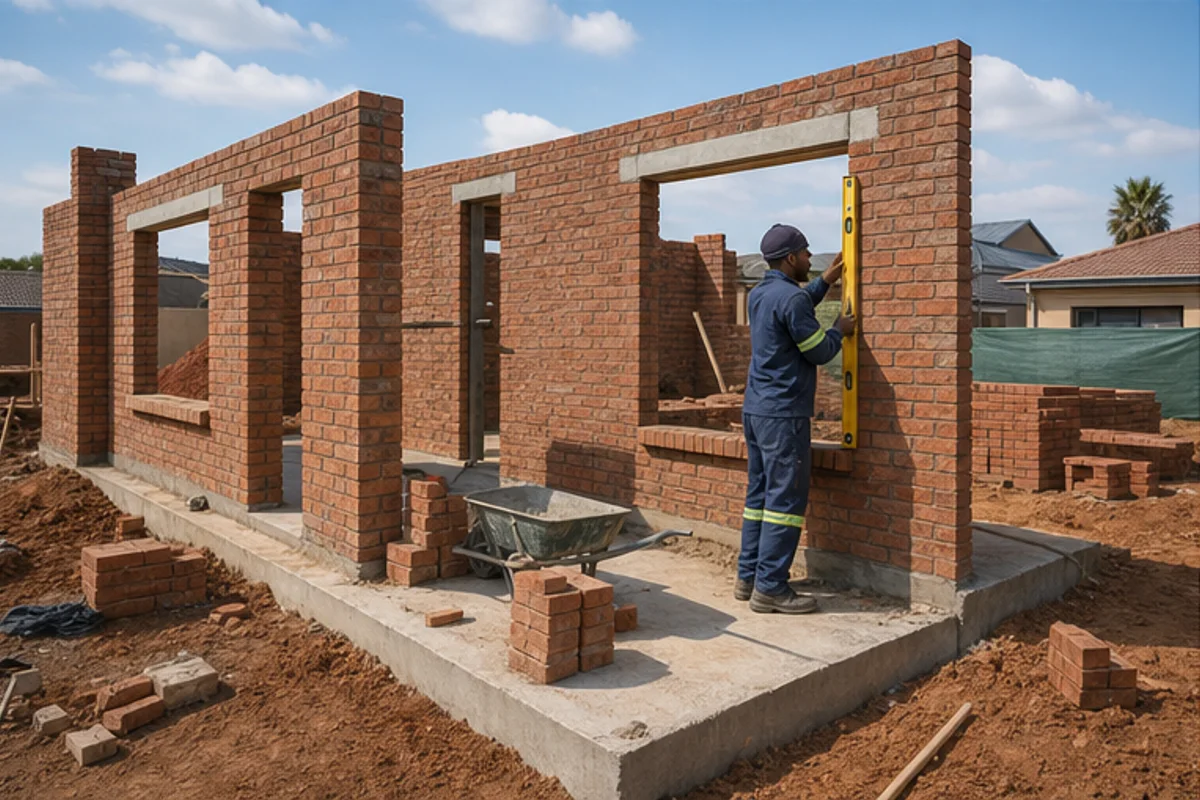Builder checking a new brick wall with a spirit level