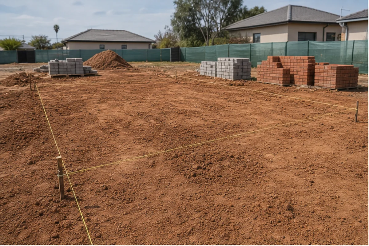 New home site set out with string lines and building materials ready