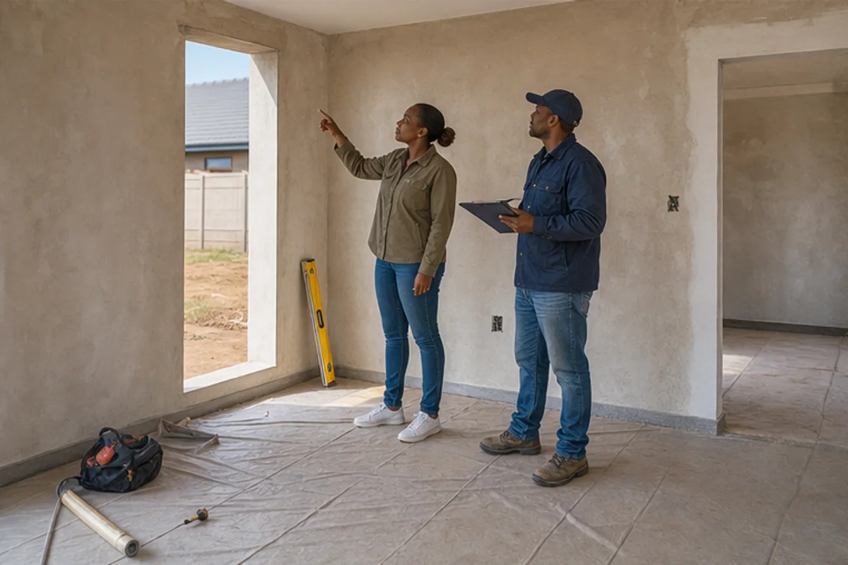Contractor and homeowner walking through a newly plastered room